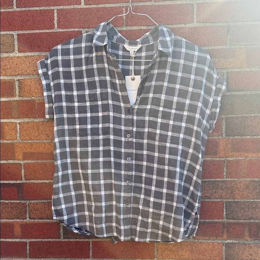 Lucky Brand 100% Cotton Plaid Button Front Tie Hem Top Size Small NWT